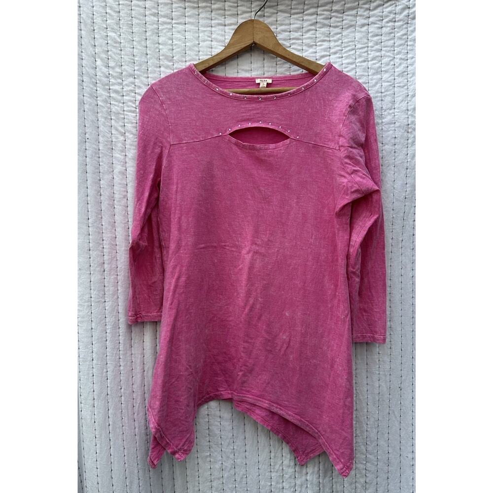 Reba Shirt Cut Out Embellished Bling Pink Shark Bite Hem Asymmetrical Y2K Small